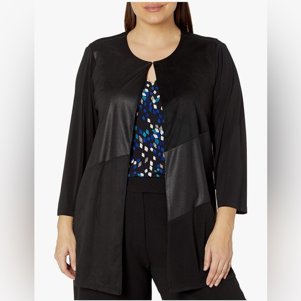 Kasper Women's mixed media Knit and Faux Suede Cardigan, Black, 3X